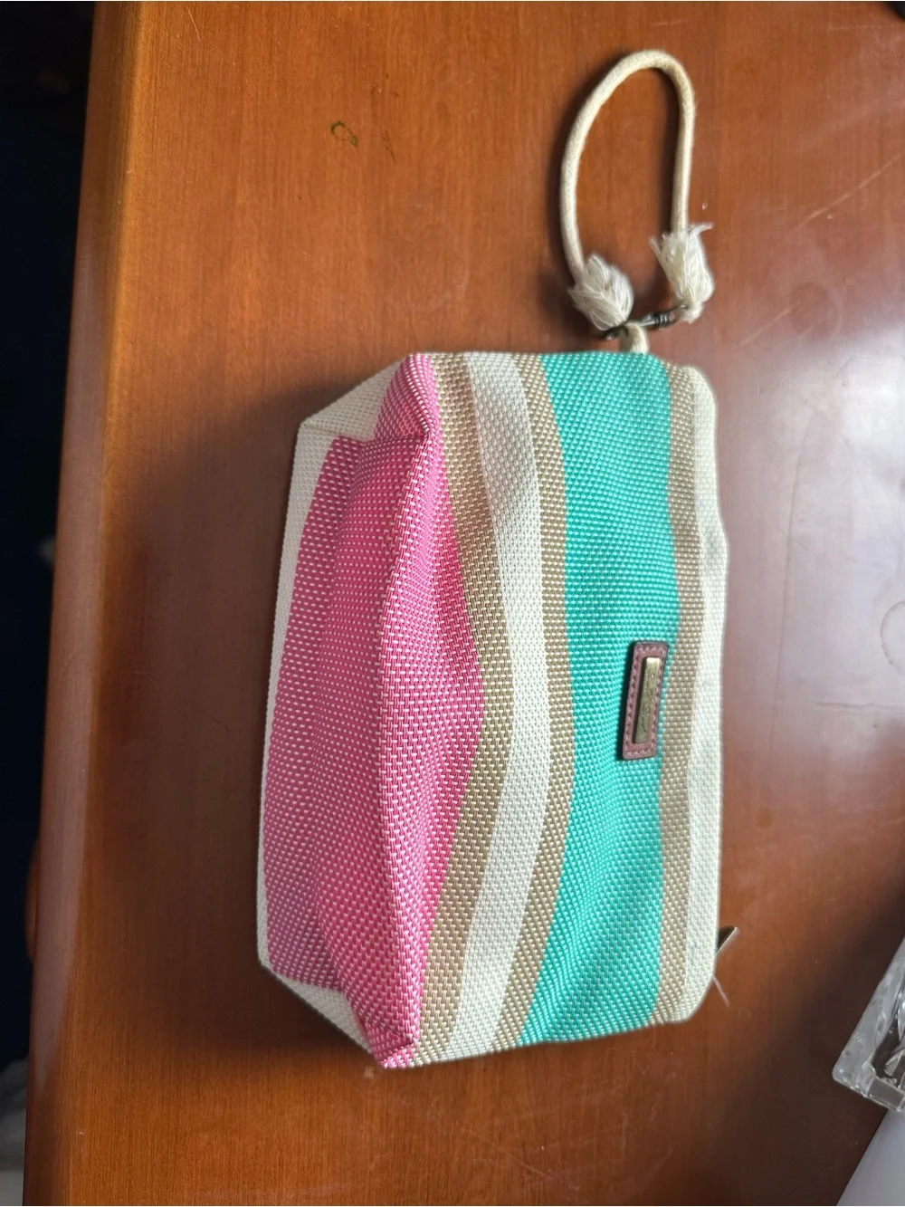 Striped Wristlet Cosmetic Pouch in Pink & Teal